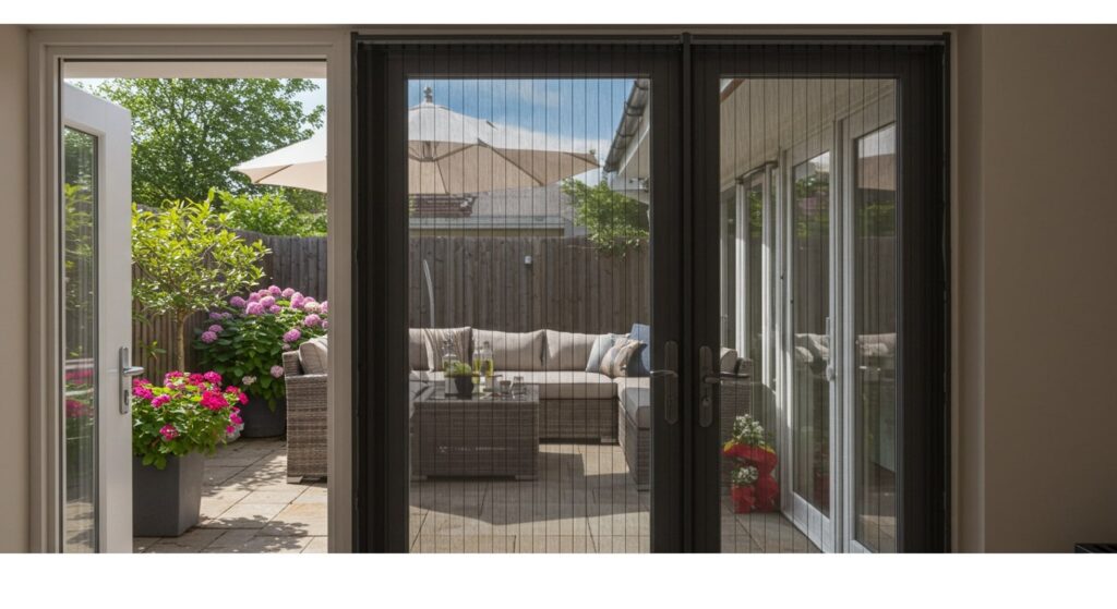 pleated screen on black window frames
