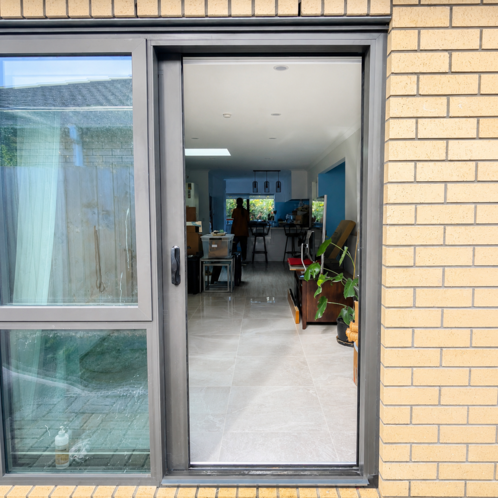 Glass sliding front door on an Auckland home before pet screen installation