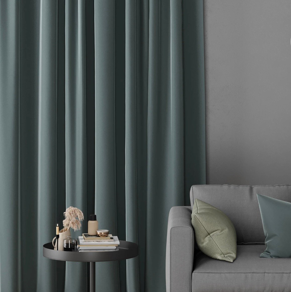 Dark green block-out curtains in a modern Auckland living room