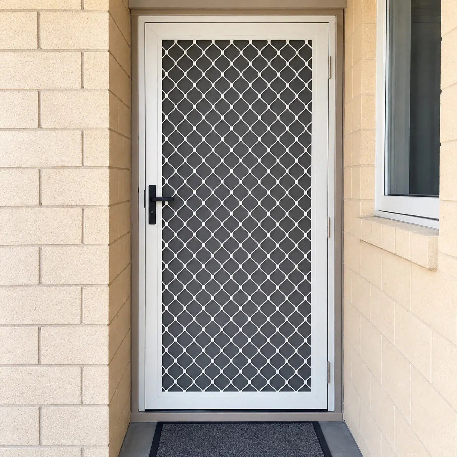 Front security screen door with diamond grille
