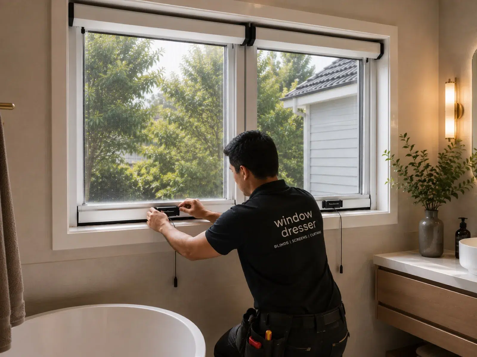 Window Dresser installer fitting a retractable window screen